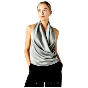 Halara Deep V Neck Backless Stacked Invisible Zip Size XL Satin Like Silver